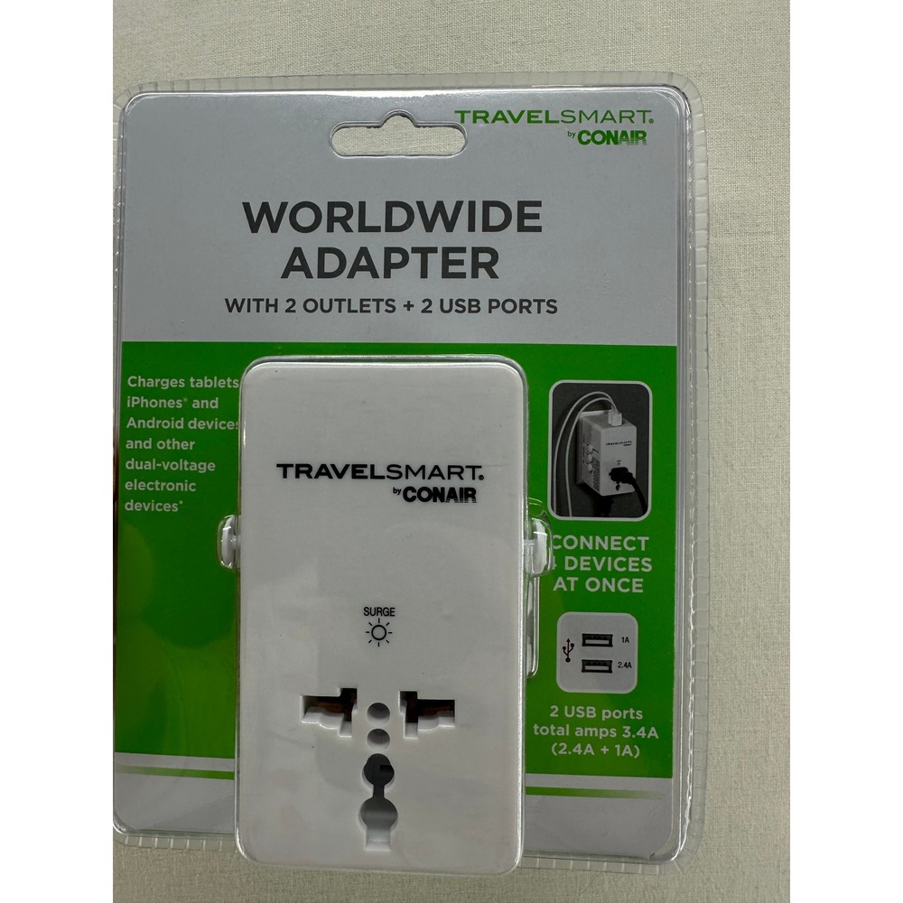 Travel Smart by Conair Worldwide Adapter 2 Outlets 2 USB Ports White TS240X